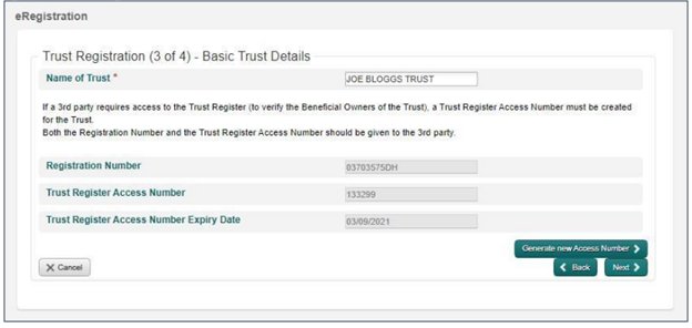 eRegistration: Trust Registration (3 of 4) - Basic Trust Details. Shows fields for Name of Trust (JOE BLOGGS TRUST), Registration Number (03703575DH), Trust Register Access Number (133299), and Expiry Date (03/09/2021). Action buttons: Cancel, Back, Next, and Generate new Access Number.