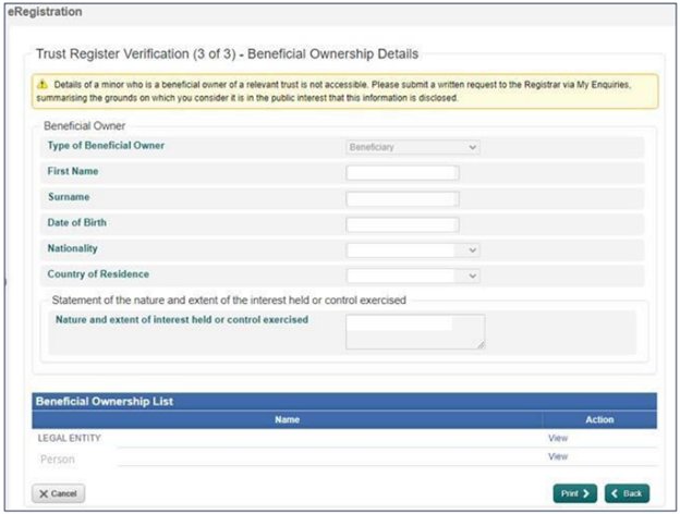  eRegistration: Trust Register Verification (3 of 3) - Beneficial Ownership Details. Form fields include Type of Beneficial Owner, First Name, Surname, Date of Birth, Nationality, Country of Residence, and a 'Nature and extent of interest held or control exercised' text area. Beneath is a 'Beneficial Ownership List' showing LEGAL ENTITY and Person entries with View actions. Bottom buttons: Cancel, Print, Back.