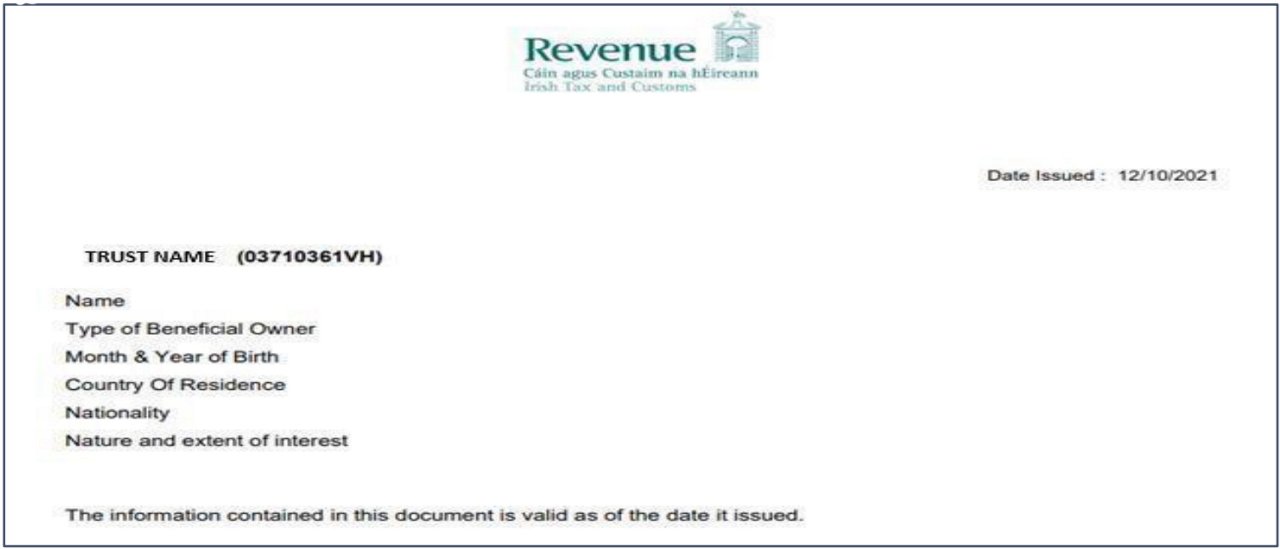 Revenue Ireland document with trust name and issued date 12/10/2021; fields for beneficiary details