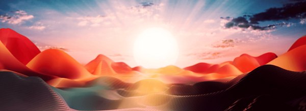 Colorful desert landscape with rolling sand dunes and a bright sunrise casting warm orange, red, and pink hues across the scene.