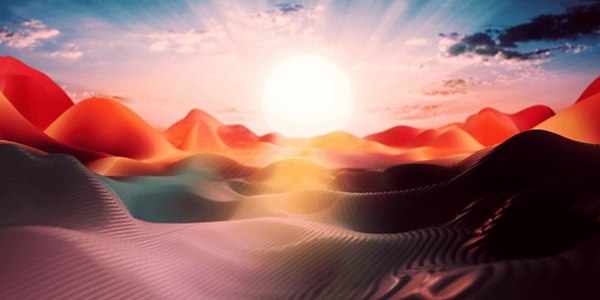 A surreal desert landscape with smooth, wavy sand dunes in shades of red, orange, and teal under a dramatic sky
