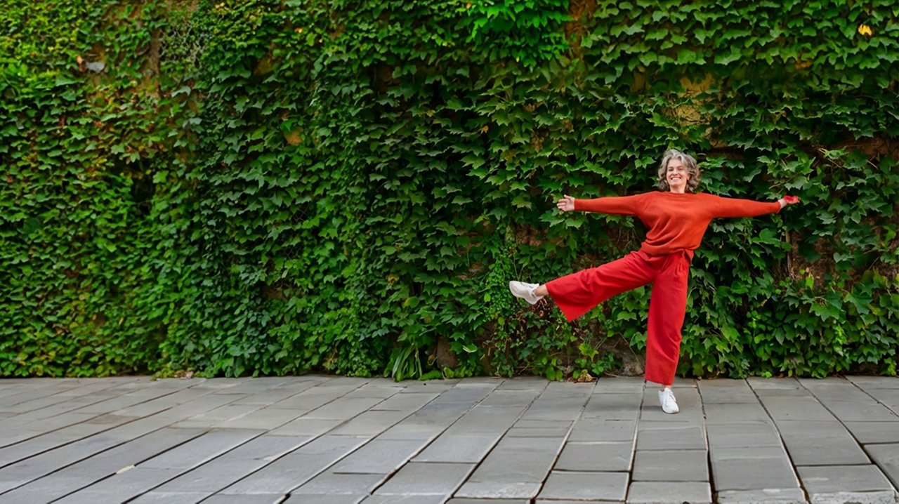 woman in red on one leg